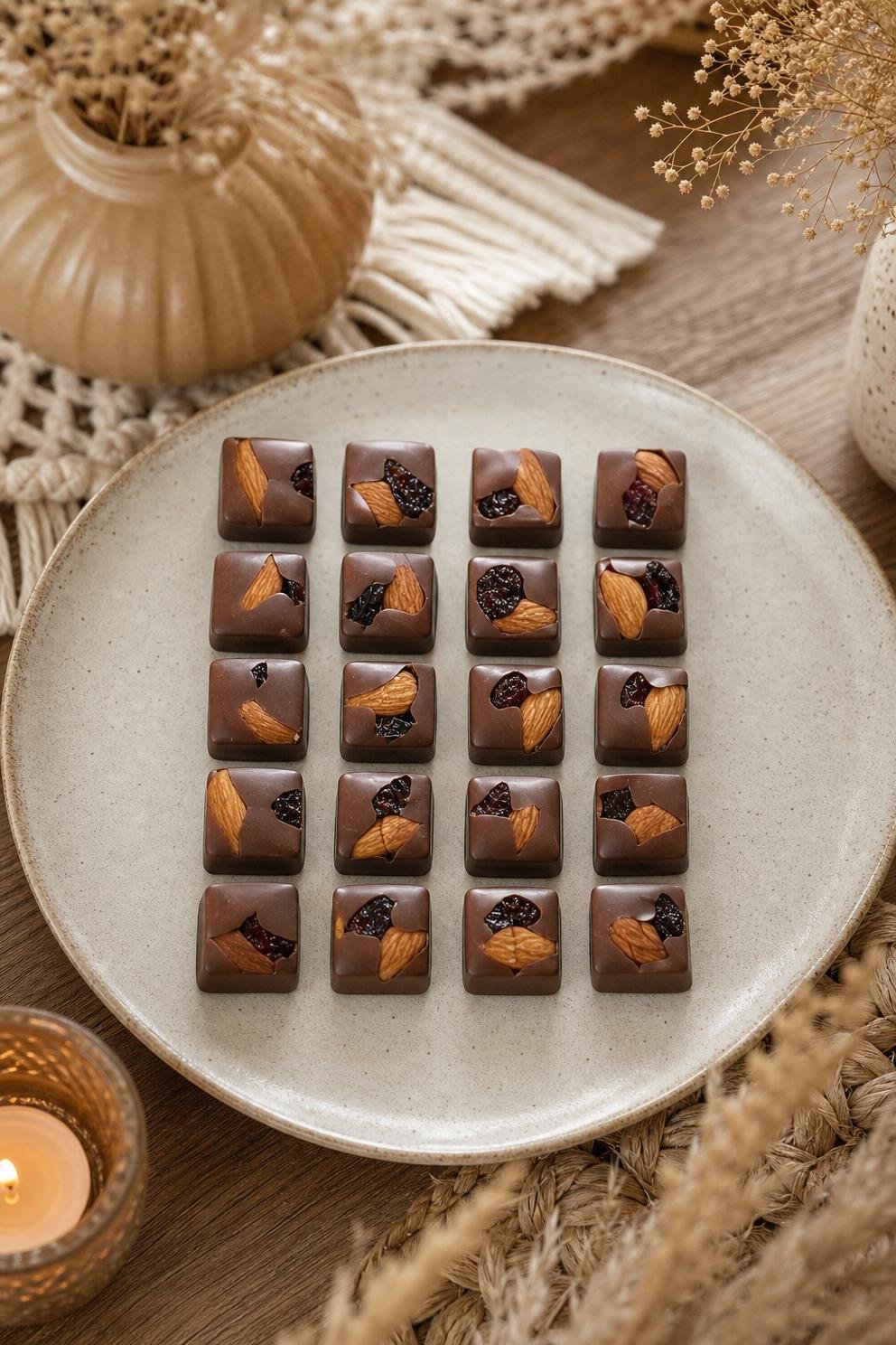 Bombones de chocolate artesanales decorados con frutos secos