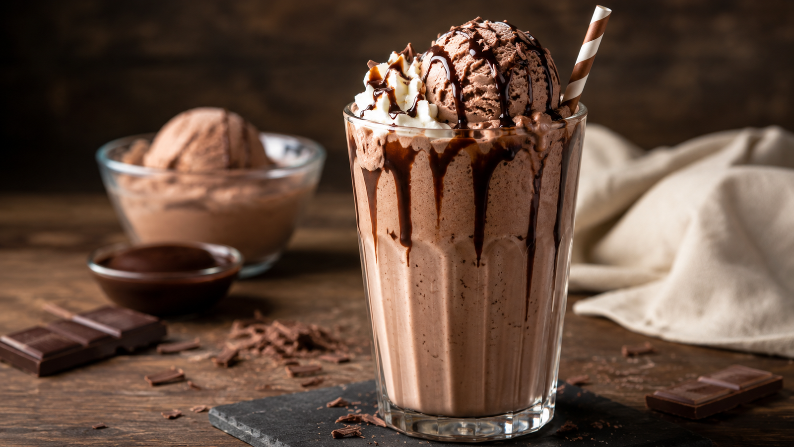 Vaso alto de milkshake de chocolate con bola de helado, nata montada e hilo de salsa de chocolate y pajita
