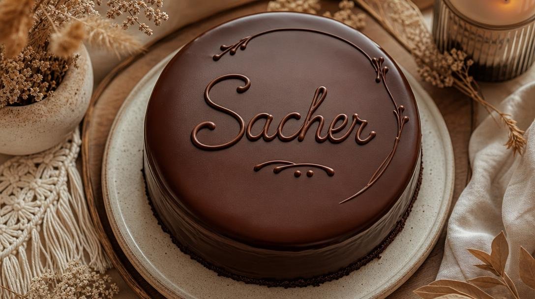 Porción de tarta Sacher de chocolate con cobertura brillante y mermelada de albaricoque